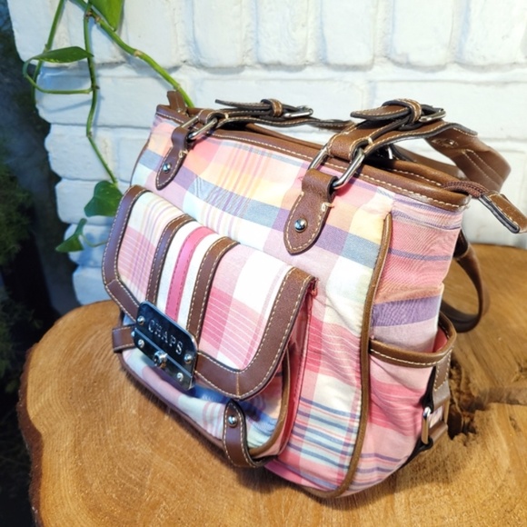 Chaps Bright Bay Pink Plaid Handbag - Picture 6 of 15